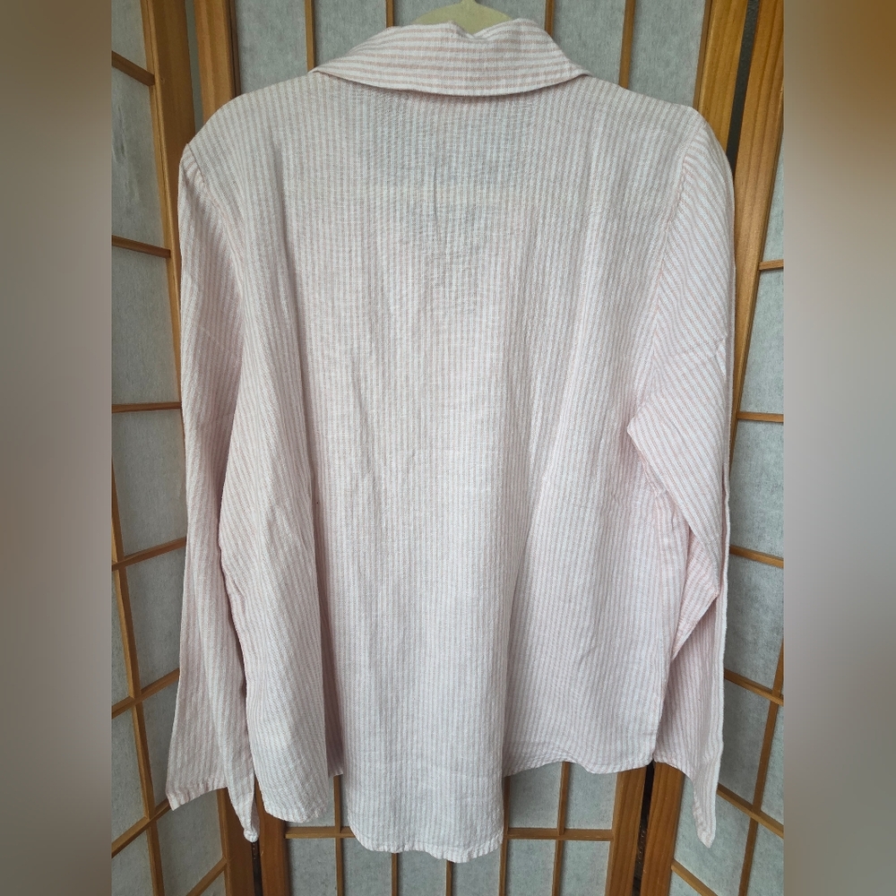 NWT WOMENS MICHAEL KORS PINK/WHITE STRIPES LINEN BLEND PULLOVER BLOUSE MEDIUM - Picture 2 of 5